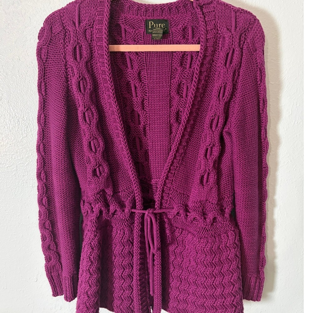 Pure Handknit Purple Cotton Cable Knit Tie Cardigan Sweater S/M Cottagecore